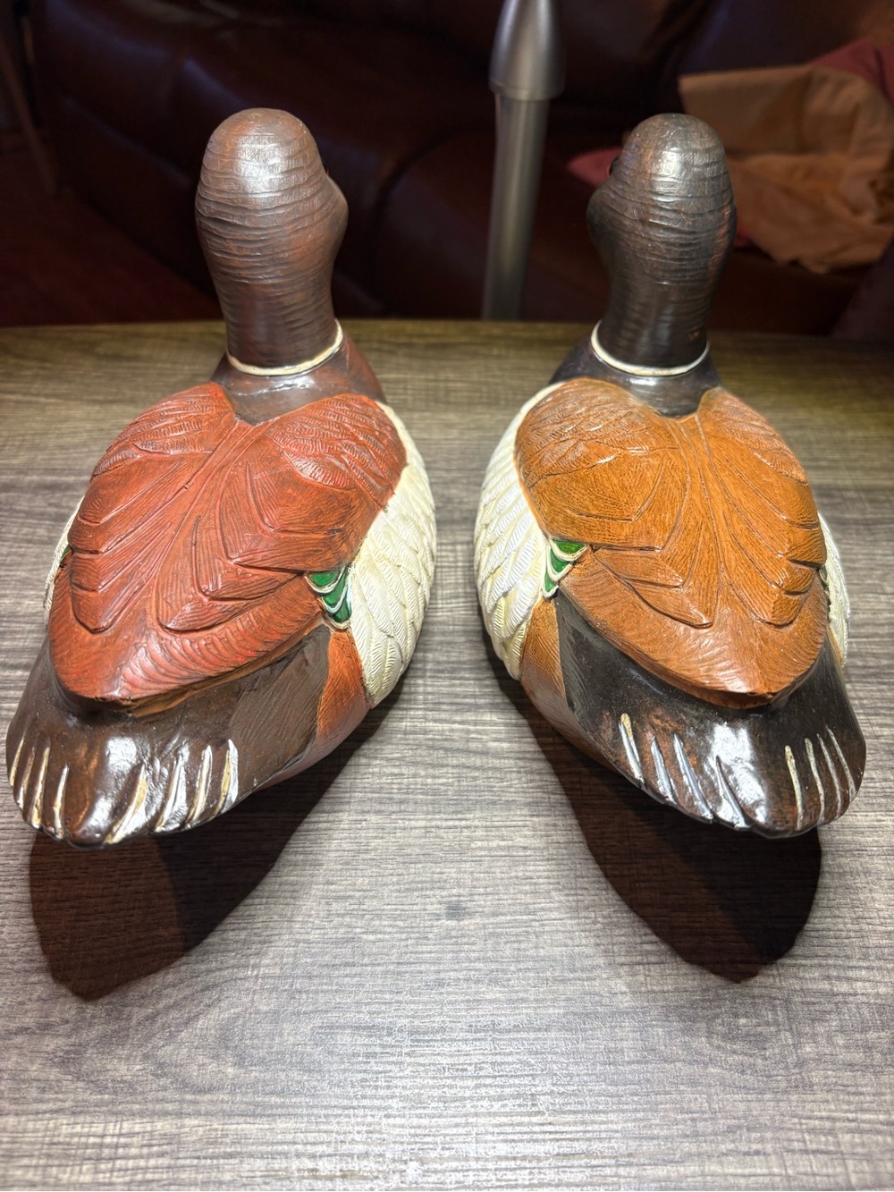 Pair of Carved Wooden Duck Figurines - Brown & Cream 60 for the pair